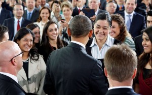 U.S. President Barack Obama greets members of the audience after delivering a speech at the Anthropology Museum during his visit to Mexico City May 3, 2013.    REUTERS/Kevin Lamarque   (MEXICO - Tags: POLITICS) ORG XMIT: WHT211